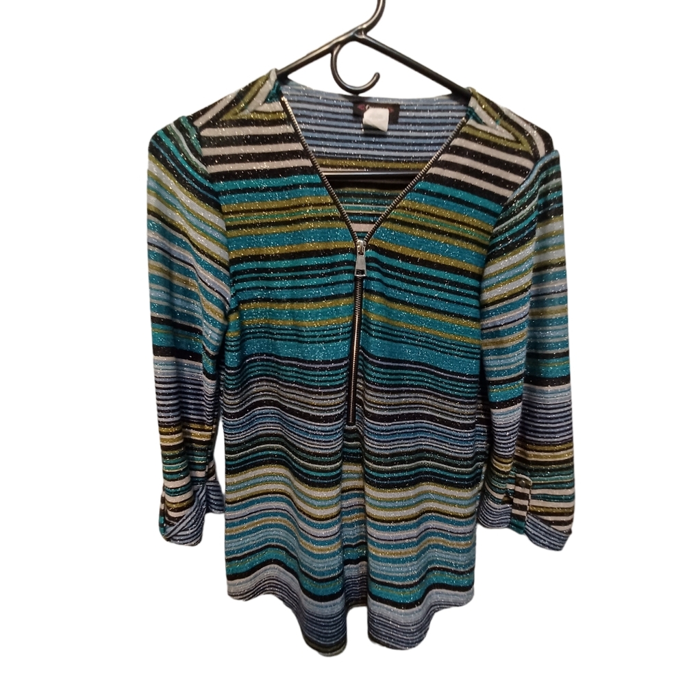 Cocamo petite size petite medium womens metallic striped full zip blouse